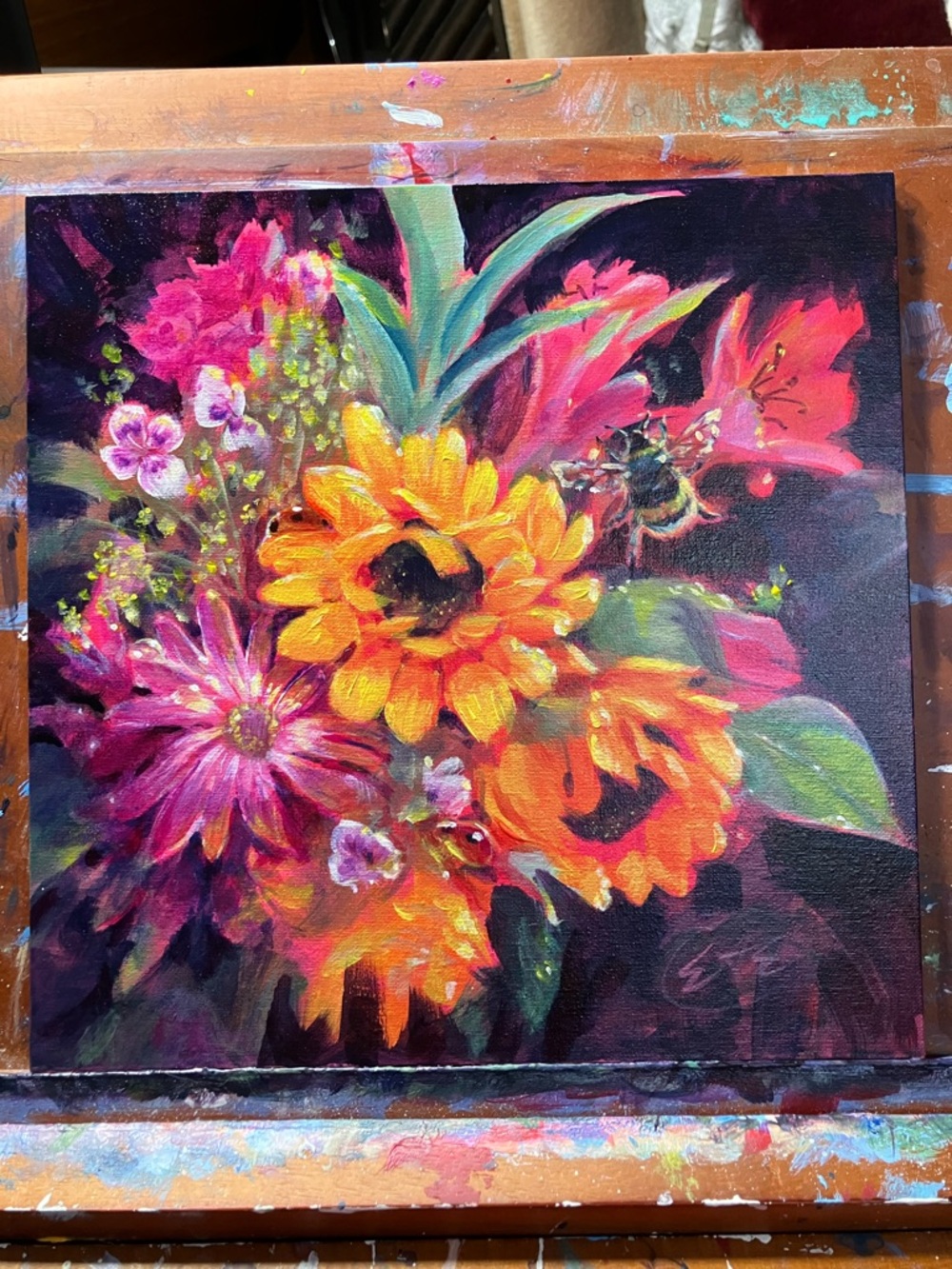 Bumblebee, sunflower, original painting, flower art floral still life surrealism